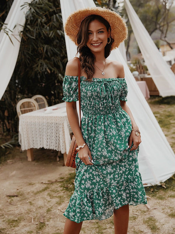 Floral Print Off Shoulder Midi Dress