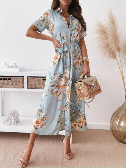 Collar Short Sleeve Wrap Waist Button Down Maxi Dress