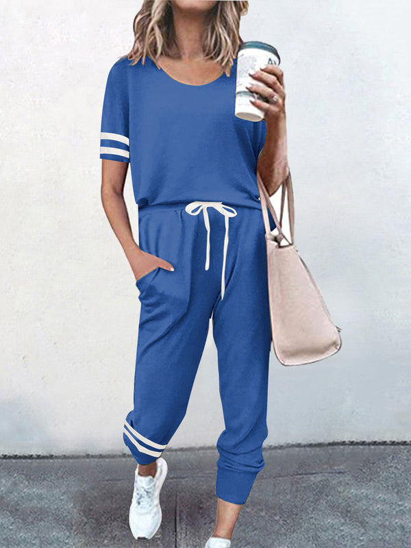 Casual 2 Piece Short Sleeve Drawstring Sweatsuit Set