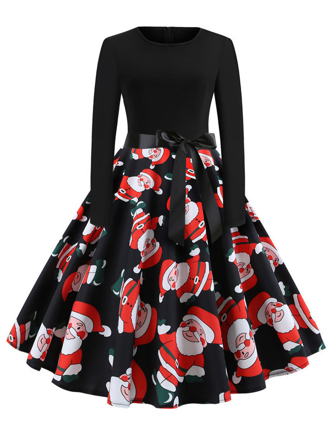 Elegant Long Sleeve Belted Pleated Christmas Dress