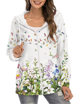 Fashion Floral Print Long Sleeve Zip Up Hoodie Sweatshirt