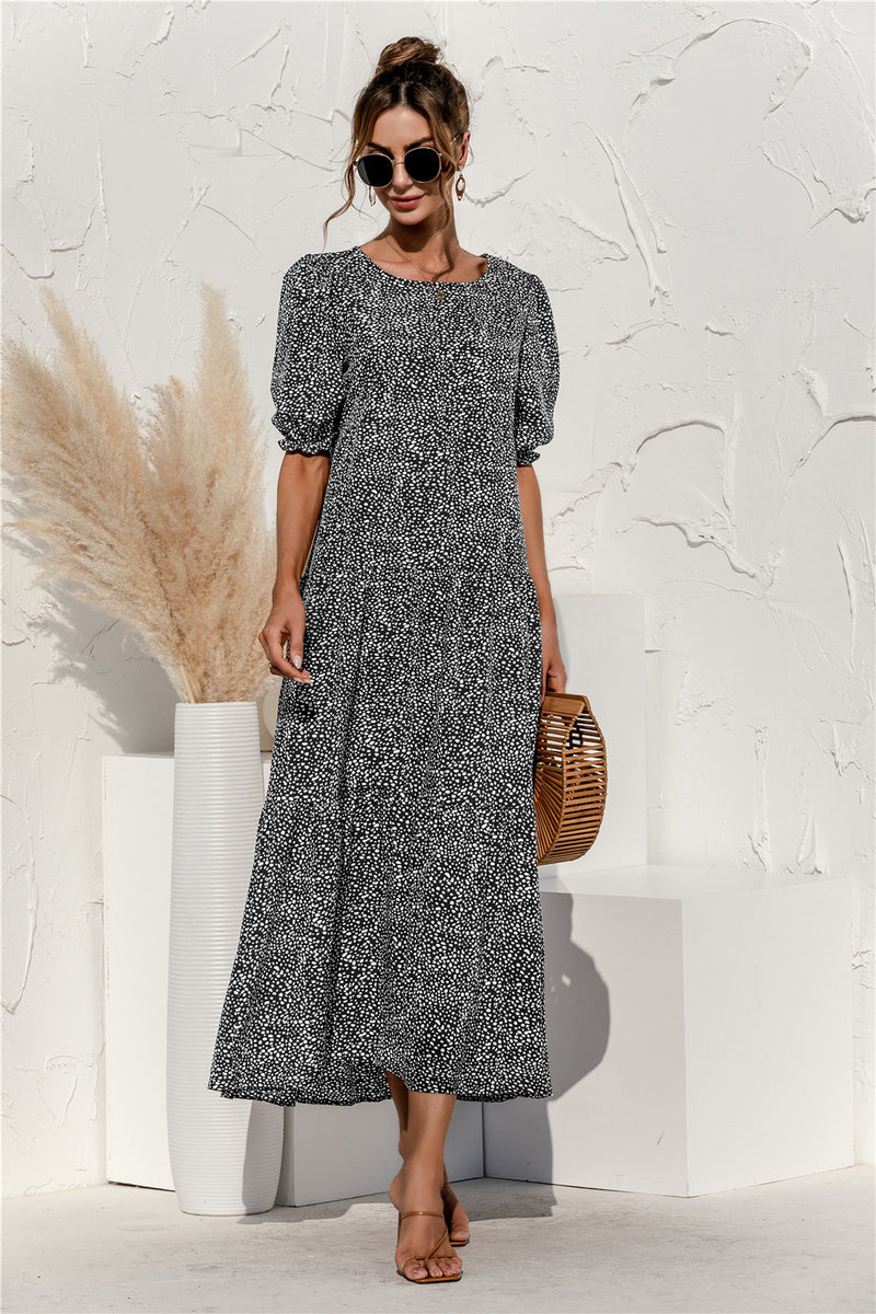 Short Sleeve Polka Dot Round Neck Maxi Dress