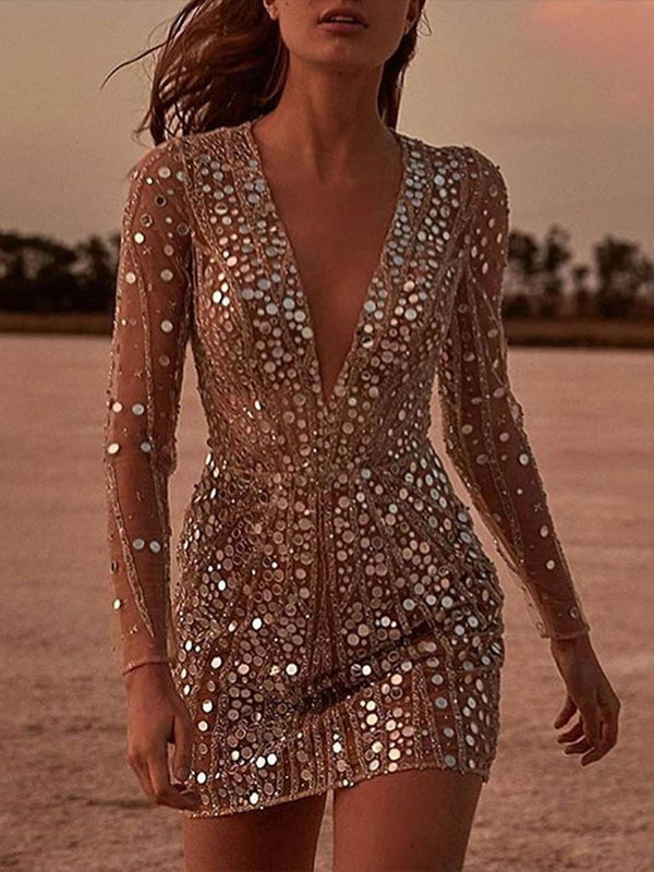 Long Sleeve Sequins Mini Deep V Neck Dress