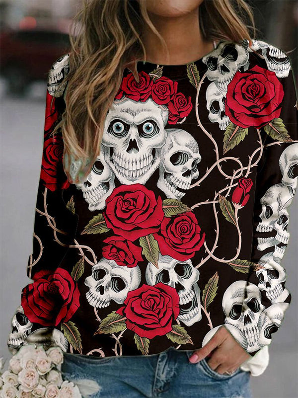 Crew Neck Long Sleeve Skull Print Sweatshirt