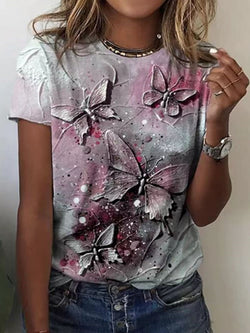 Short Sleeve Butterfly Print O-Neck Shirt Top