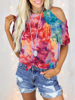 One Side Cold Shoulder Crew Neck Tie Dye T Shirt