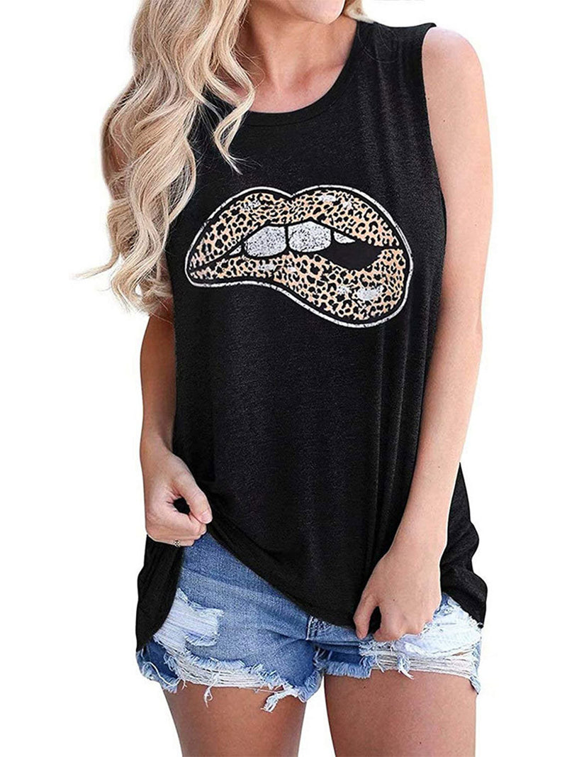 Sleeveless Crew Neck Leopard Lips Print Tank Tops