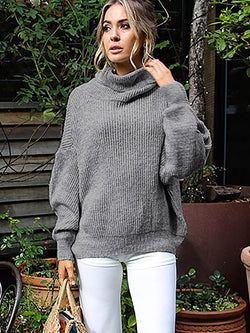 Rolled Neckline Ribbed Cuff Knitted Sweater