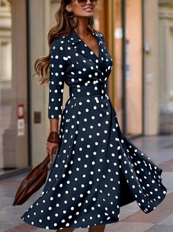 Polka Dot Turndown Collar Belted Maxi Dress