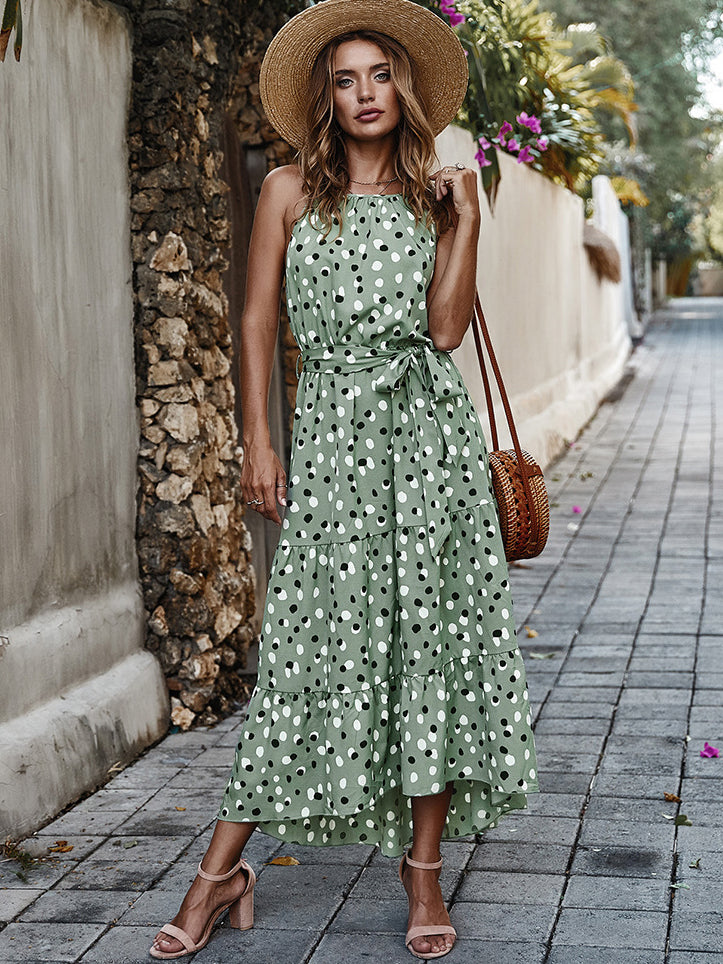 Sleeveless Round Neck Belted Printed Maxi Dress