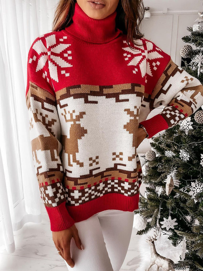 Turtle Neck Xmas Print Knitted Sweater