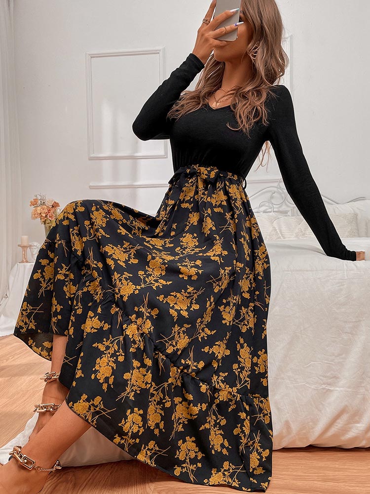 Casual Long Sleeve Floral Maxi Dress