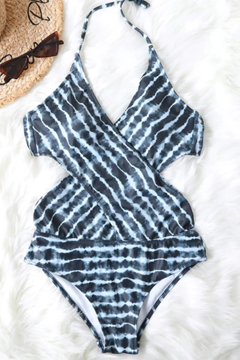 Halter Cutout Dark Blue One-piece Swimsuit