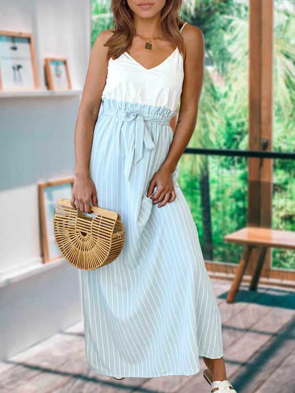 Waist Tie V Neck Spaghetti Strap Maxi Dress