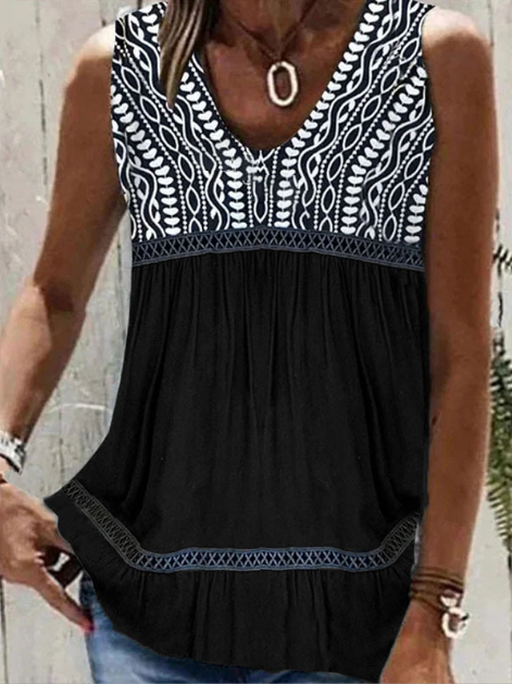 Casual V-Neck Sleeveless Printed Loose Blouse Top