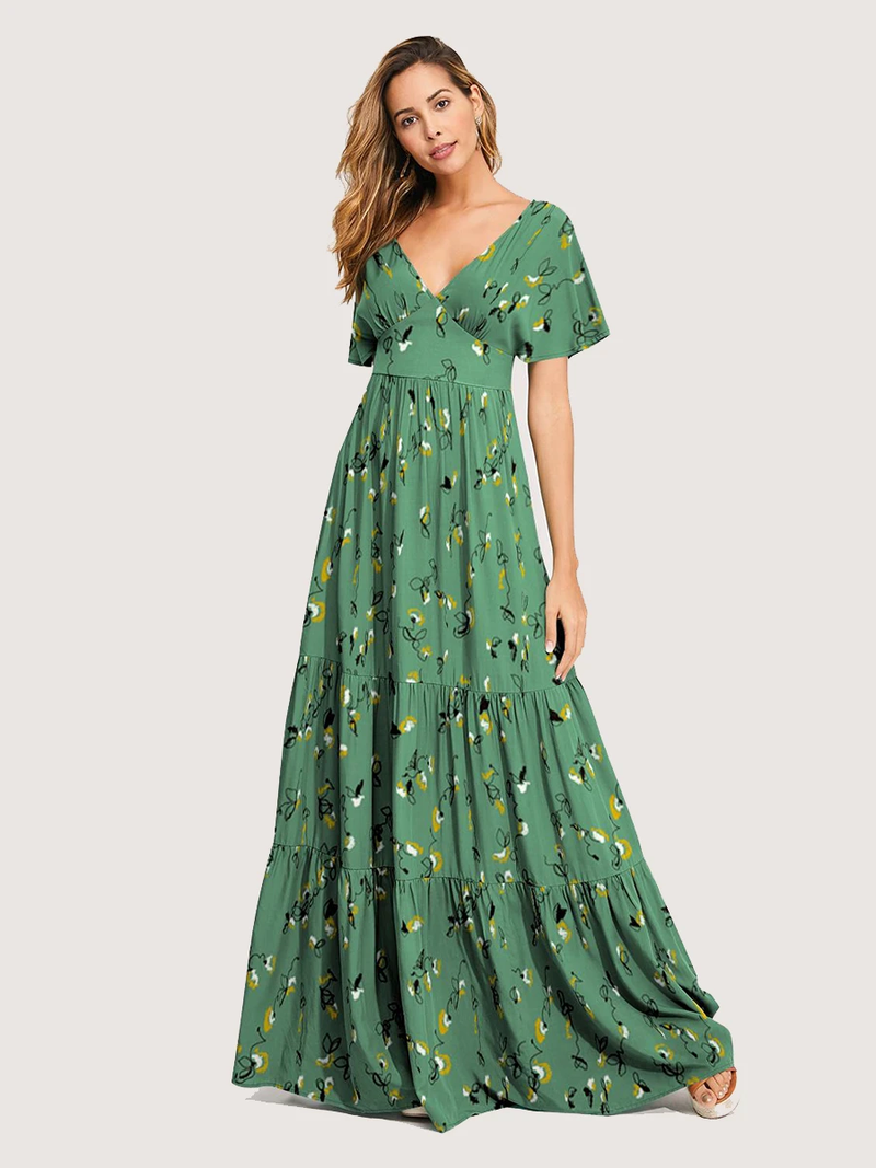 Floral V-neck Short Sleeves Maxi Dress