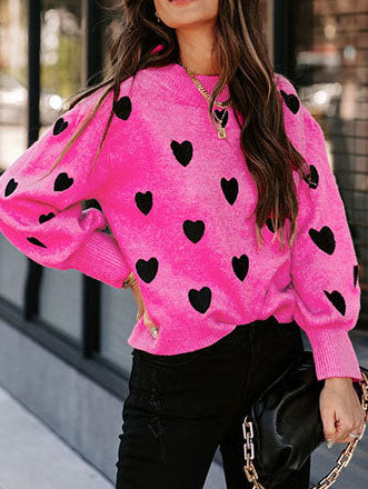 Heart Printed Long Sleeve Solid Color Sweatshirt