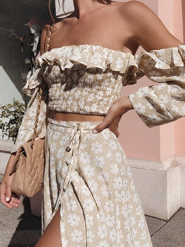 Ruffle Off Shoulder Slit Long Skirt 2 Pieces Set