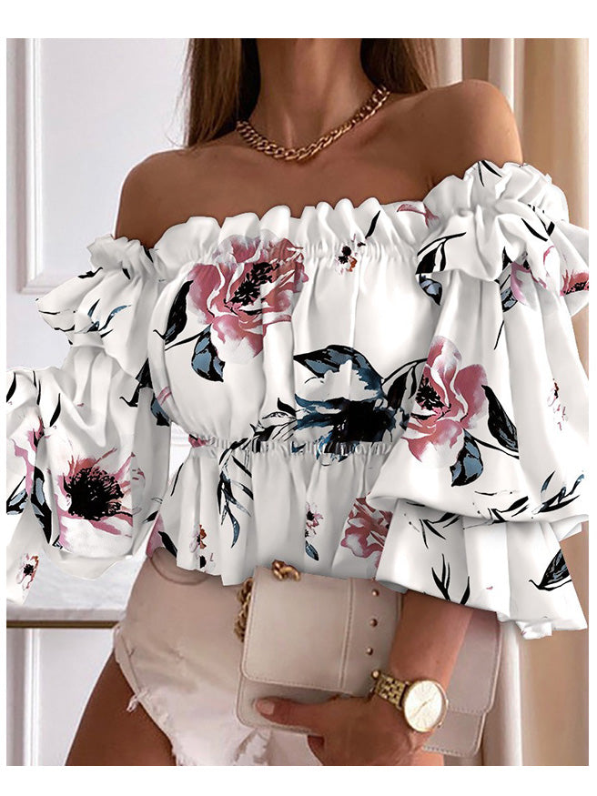 Off Shoulder 3/4 Sleeve Elastic Waist Floral Blouse Top