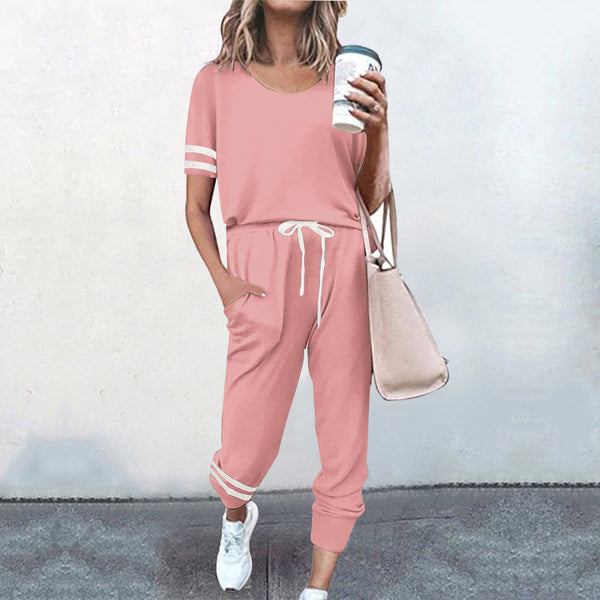 Casual 2 Piece Short Sleeve Drawstring Sweatsuit Set