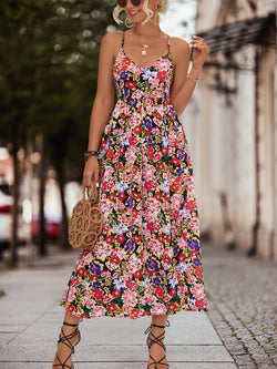 Spaghetti Strap Sleeveless Backless Floral Print Split Maxi Dress