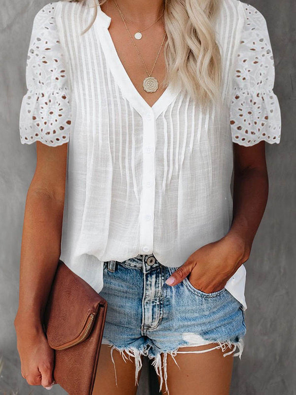 Casual V Neck Short Lace Sleeve Top