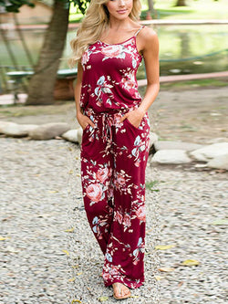 Sleeveless Spaghetti Strap Tie Waist Floral Jumpsuit