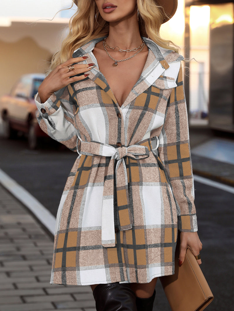 Fashion Long Sleeve Plaid Belted Jacket