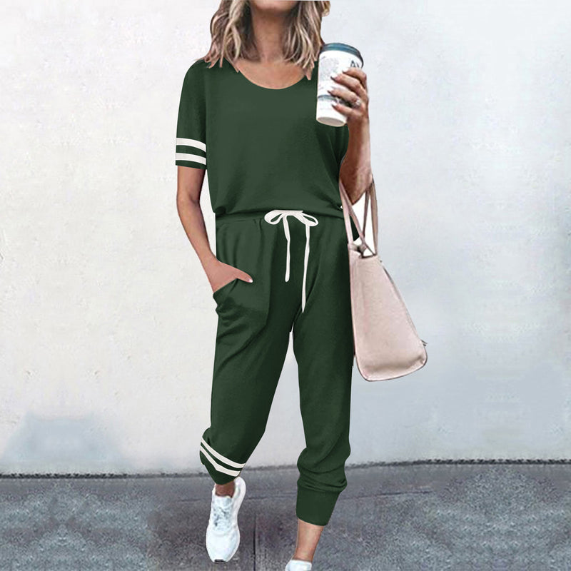 Casual 2 Piece Short Sleeve Drawstring Sweatsuit Set