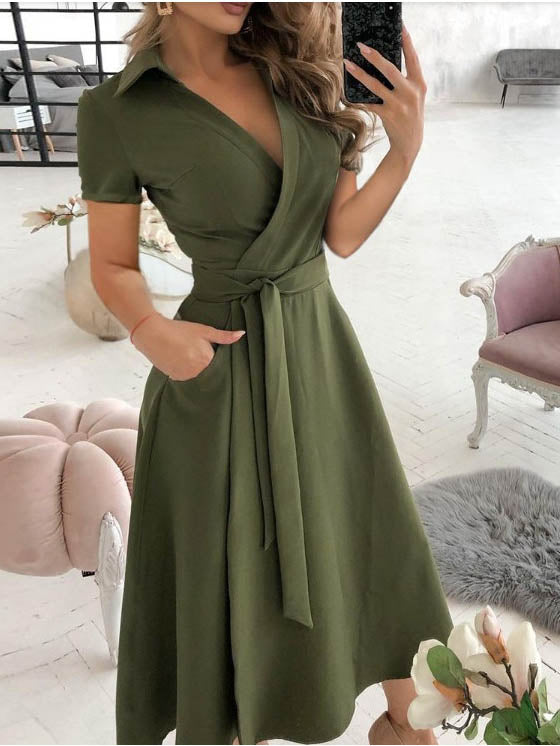 Cross V Neck Waist Tie Short Sleeve Midi Dress