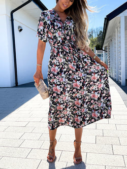 Cross V Neck Short Sleeve Tie Waist Floral Dress