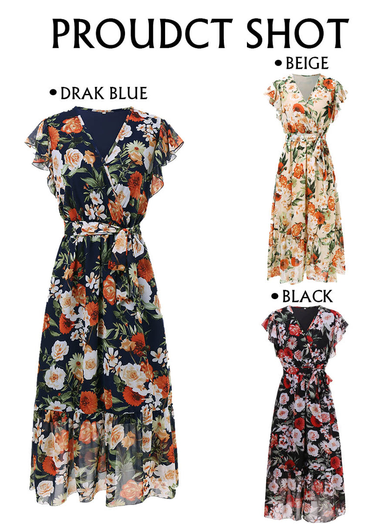 Cap Sleeve V Neck Loose Floral Maxi Dress