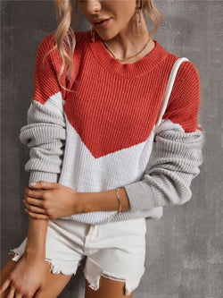 Long Sleeve Knit Color Block Crew Neck Sweater