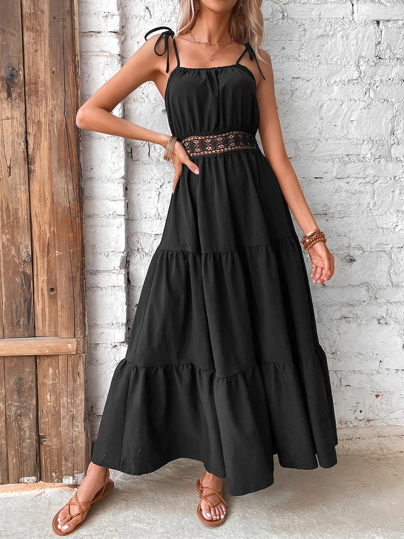 Sleeveless Strap Square Neck Solid Flared Maxi Dress