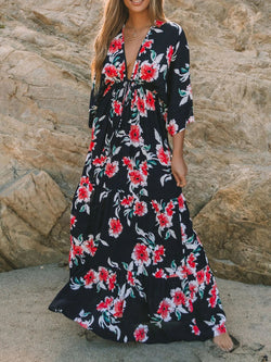 Casual Floral V Neck Long Maxi Dress