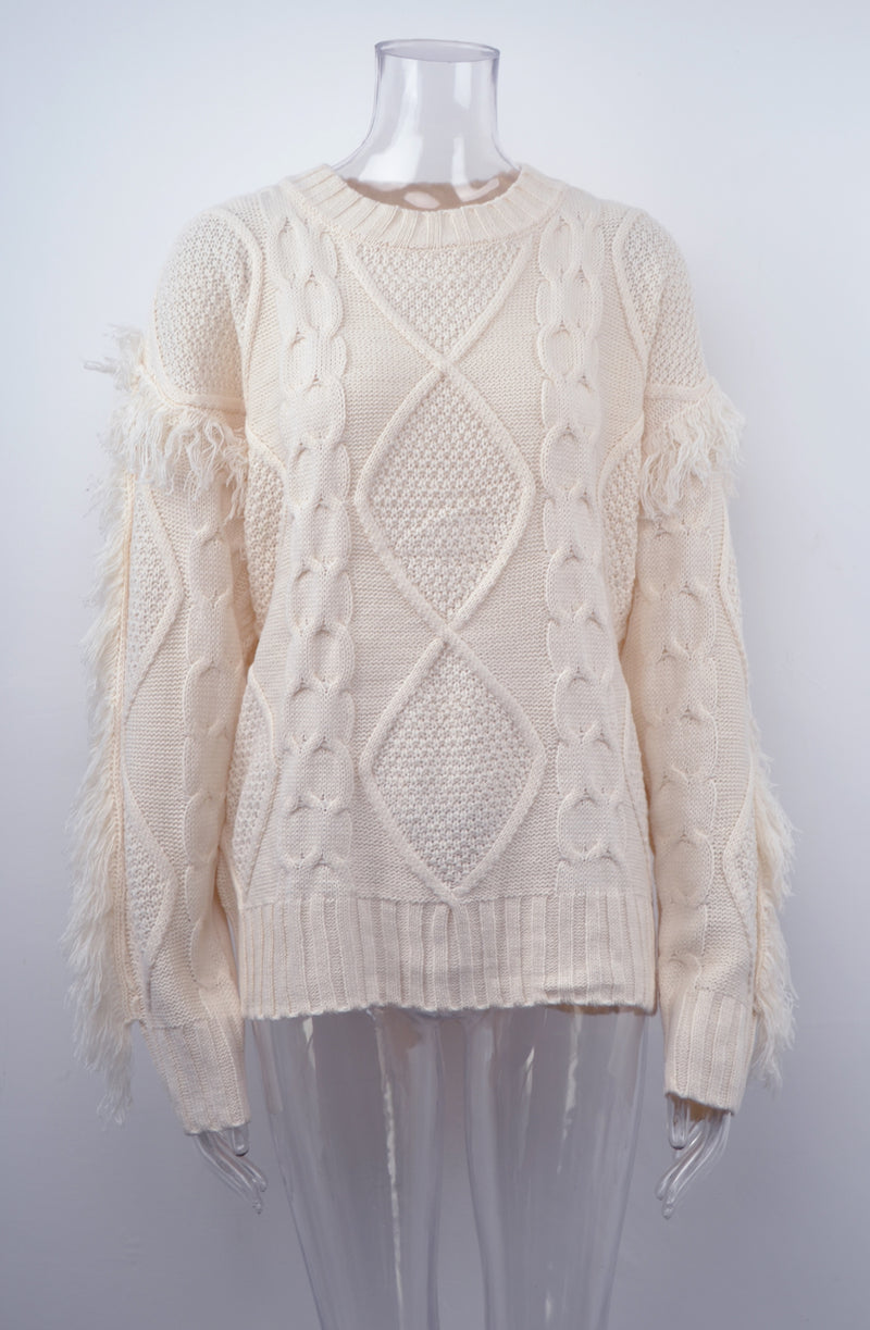 Round Neck Long Sleeve Cable Knit Design Sweater