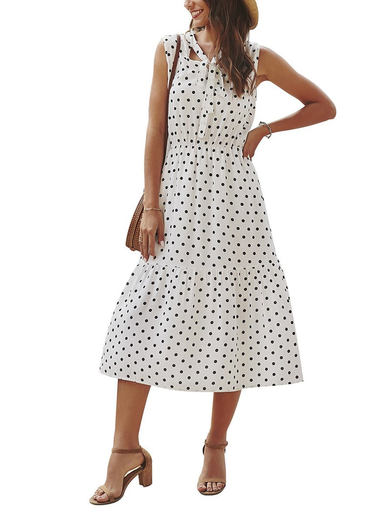 Polka Dot Tie Front V Neck Long Dress