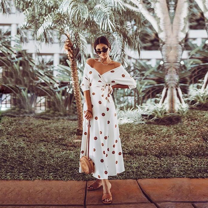 Casual Large Polka Dot V Neck Off Shoulder Maxi Dress