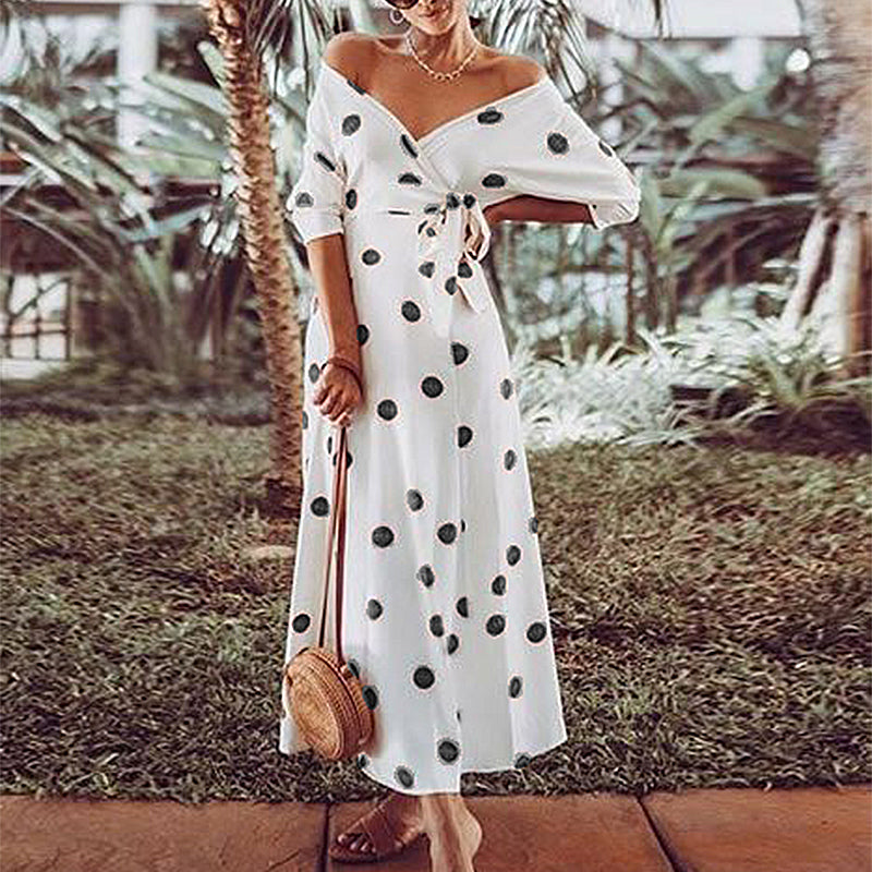 Casual Large Polka Dot V Neck Off Shoulder Maxi Dress