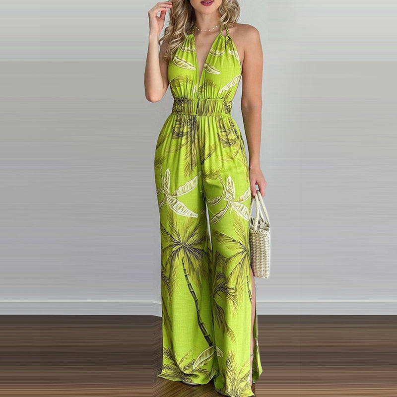 Double Spaghetti Strap Sleeveless Leaf Print Jumpsuit