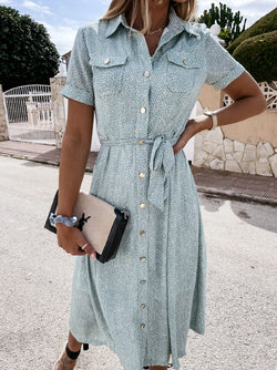 Polka Dot Collar Neck Button Down Tie Waist Dress with Front Pocket