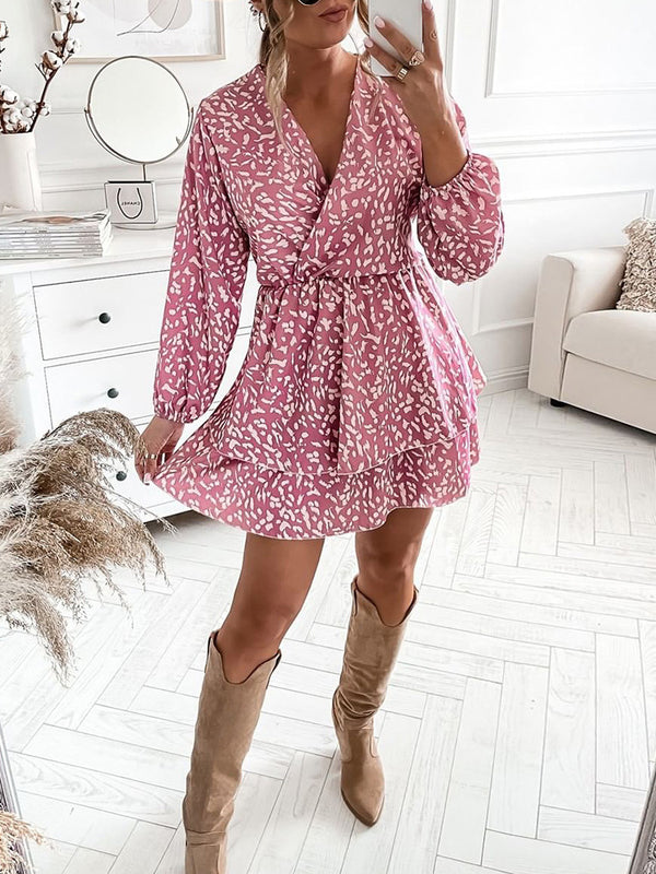 Cross V Neck Long Sleeve Mini Dress