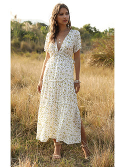 Summer Floral Print Ruffles Boho Maxi Dress