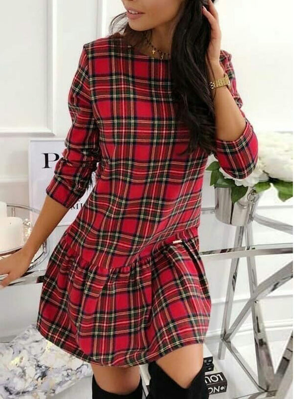 Round Neck Long Sleeve Plaid Mini Dress