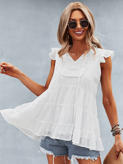 Ruffle Cap Sleeve V Neck Swiss Dot Tank Tops