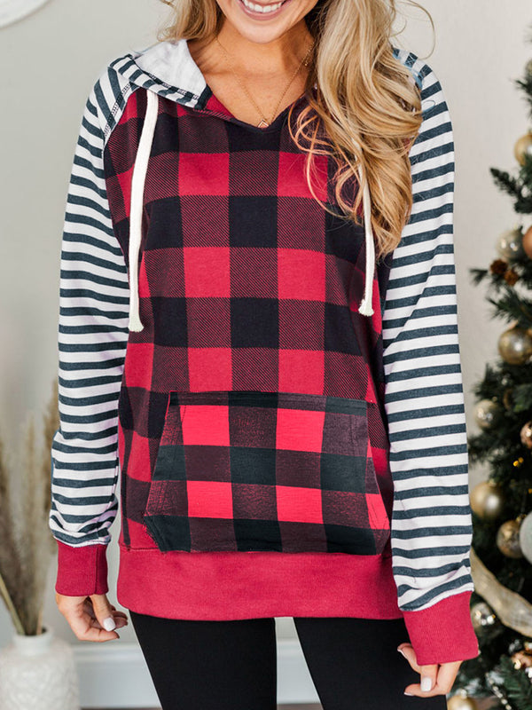 Drawstring Front Pocket Plaid Hoodie Sweatshirt