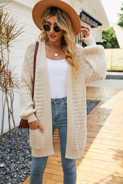 Open Front Pocketed Long Sleeve Knitted Solid Cardigan