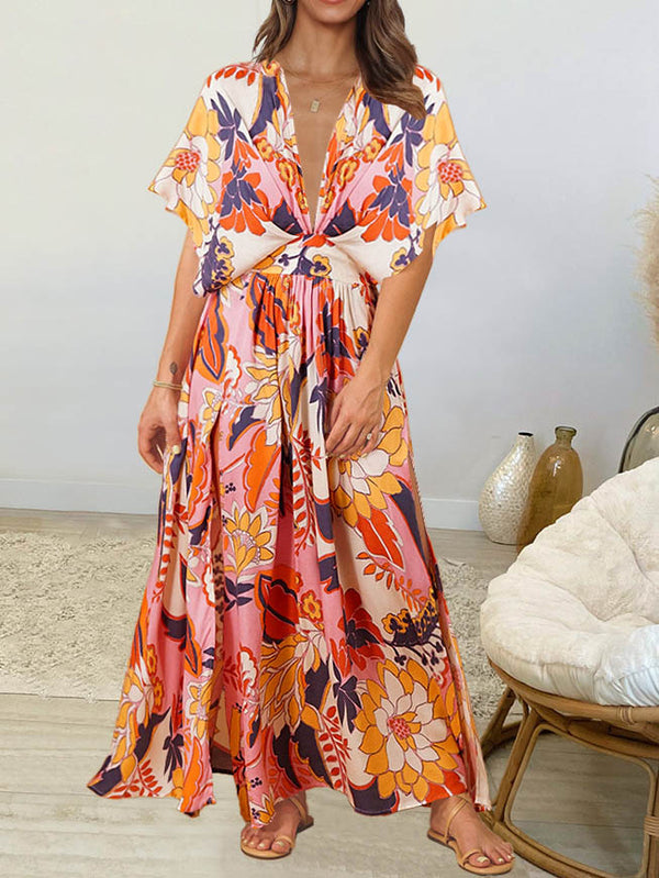 Floral Short Sleeve V Neck Maxi Dress