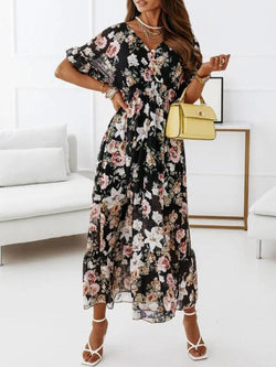 Cross V Neck Elastic Waist Floral Short Sleeve Maxi Dress