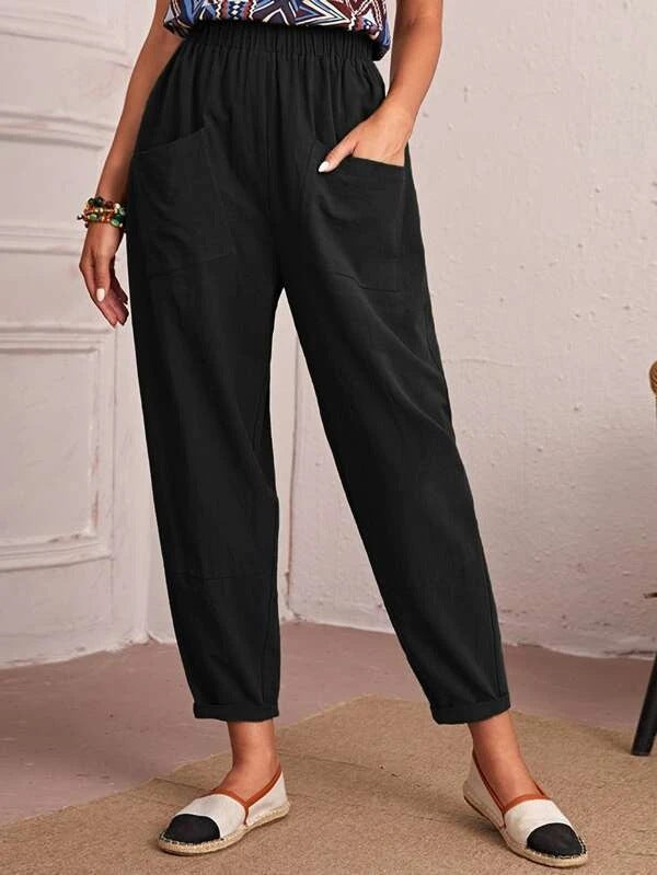 Elegant High Waist Pocketed Solid Color Loose Pants